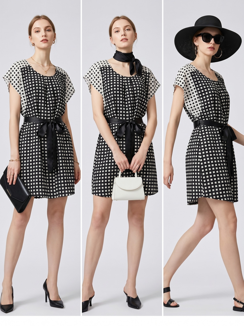 Oh! Mamma Black and White Geometric Mini Dress with Waist Tie